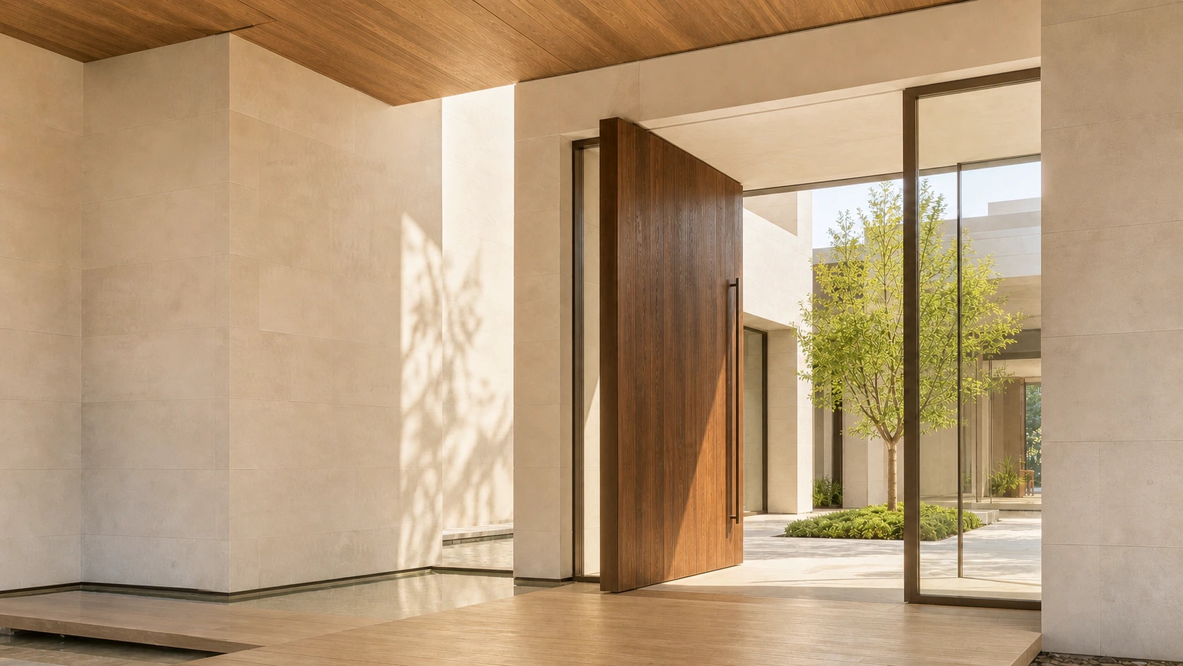 Monumental limestone pivot walls opening into a BORVEA courtyard residence at twilight