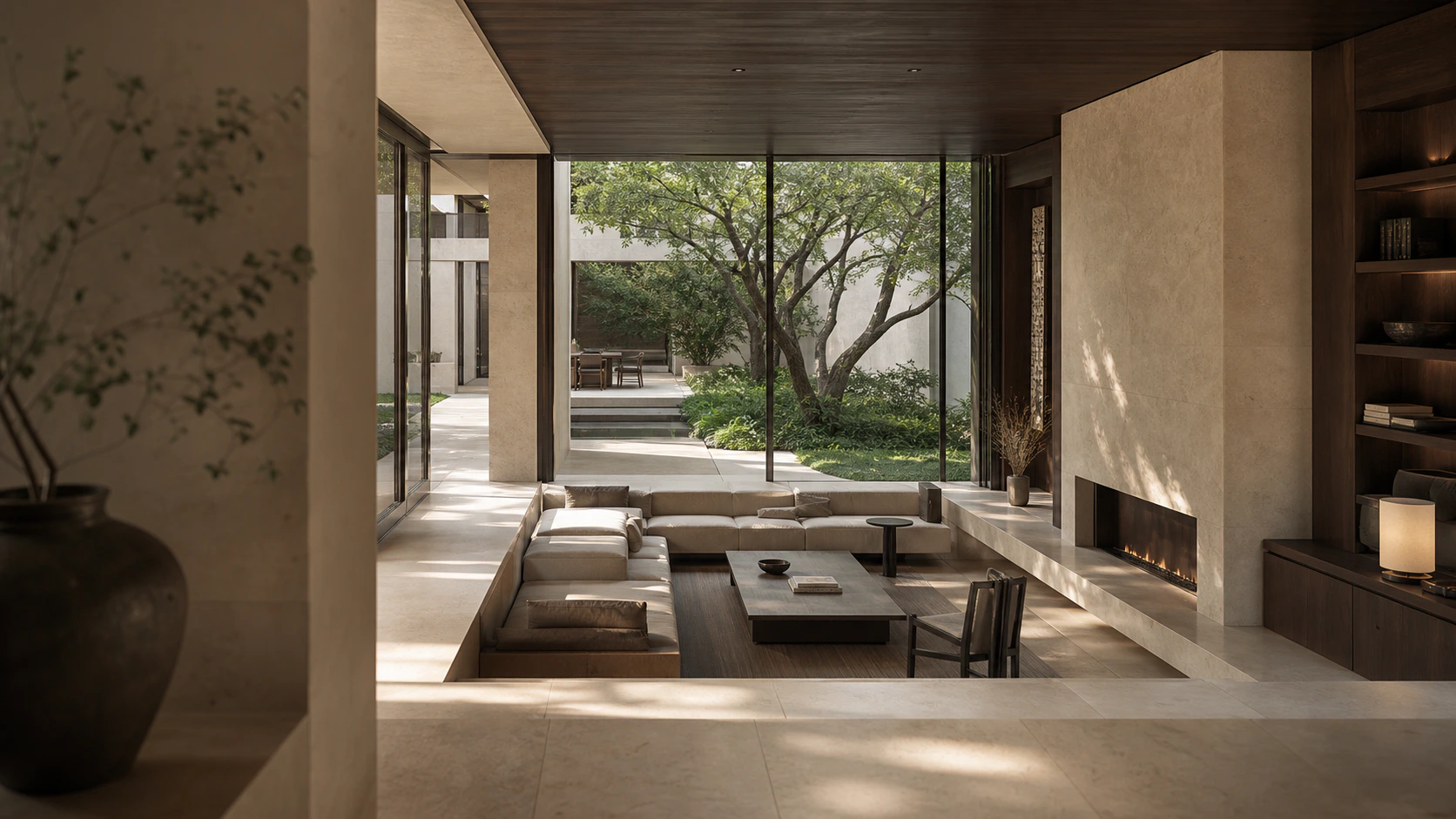 Quiet limestone threshold opening into a BORVEA living pavilion