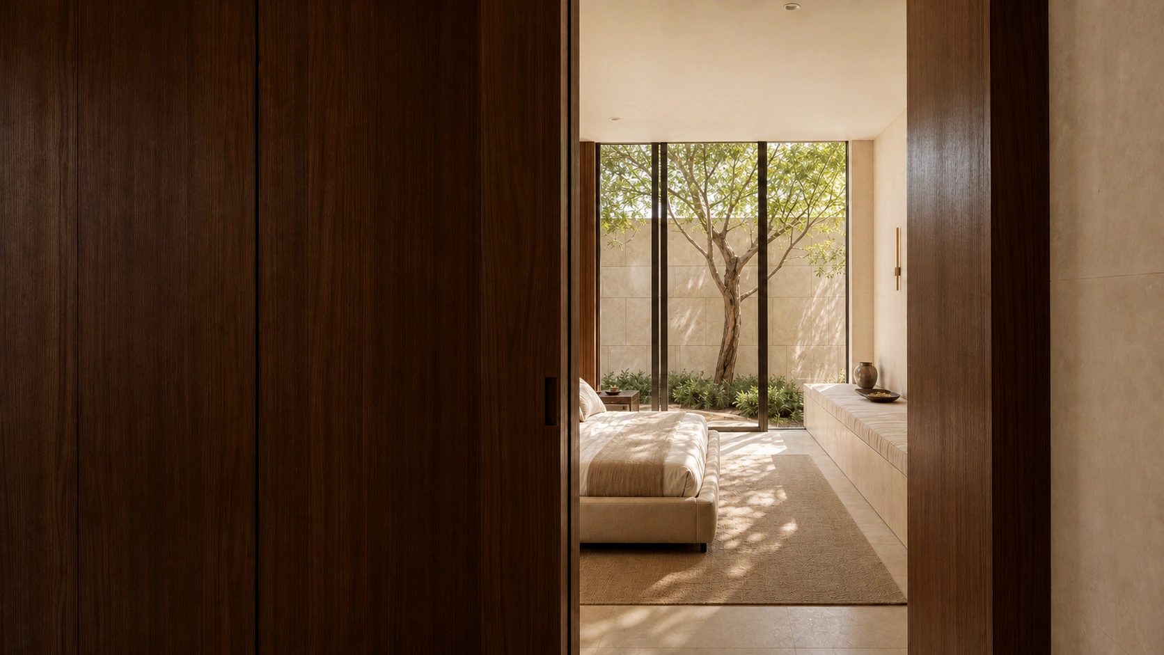 BORVEA private suite opening through tailored walnut panels